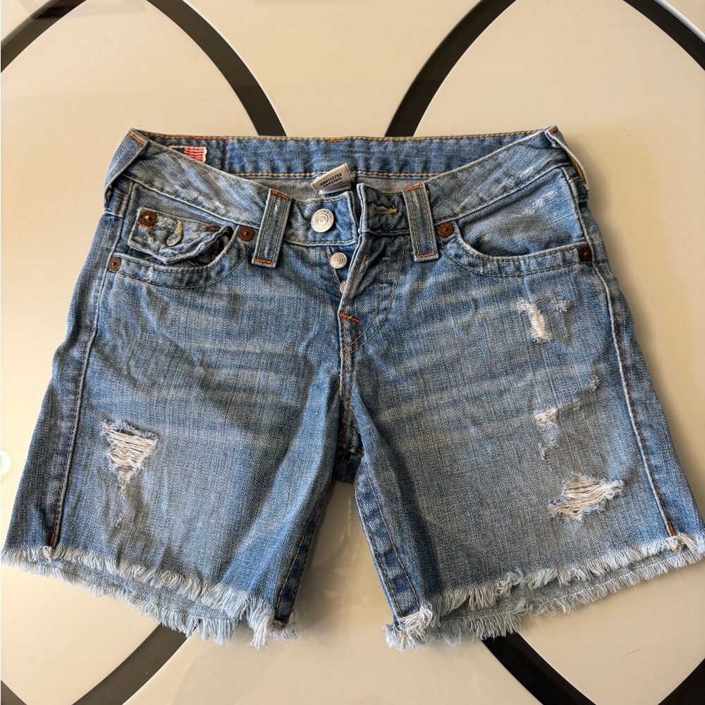 True Religion Jayde Blue Distressed Jean Shorts